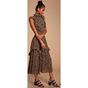 Lulus Evalina Mustard Yellow Floral Print Midi Dress Size XS